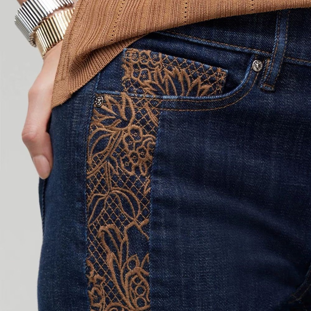 White House Black Market Dark Blue Jeans with Gold Embroidery - Picture 2 of 8